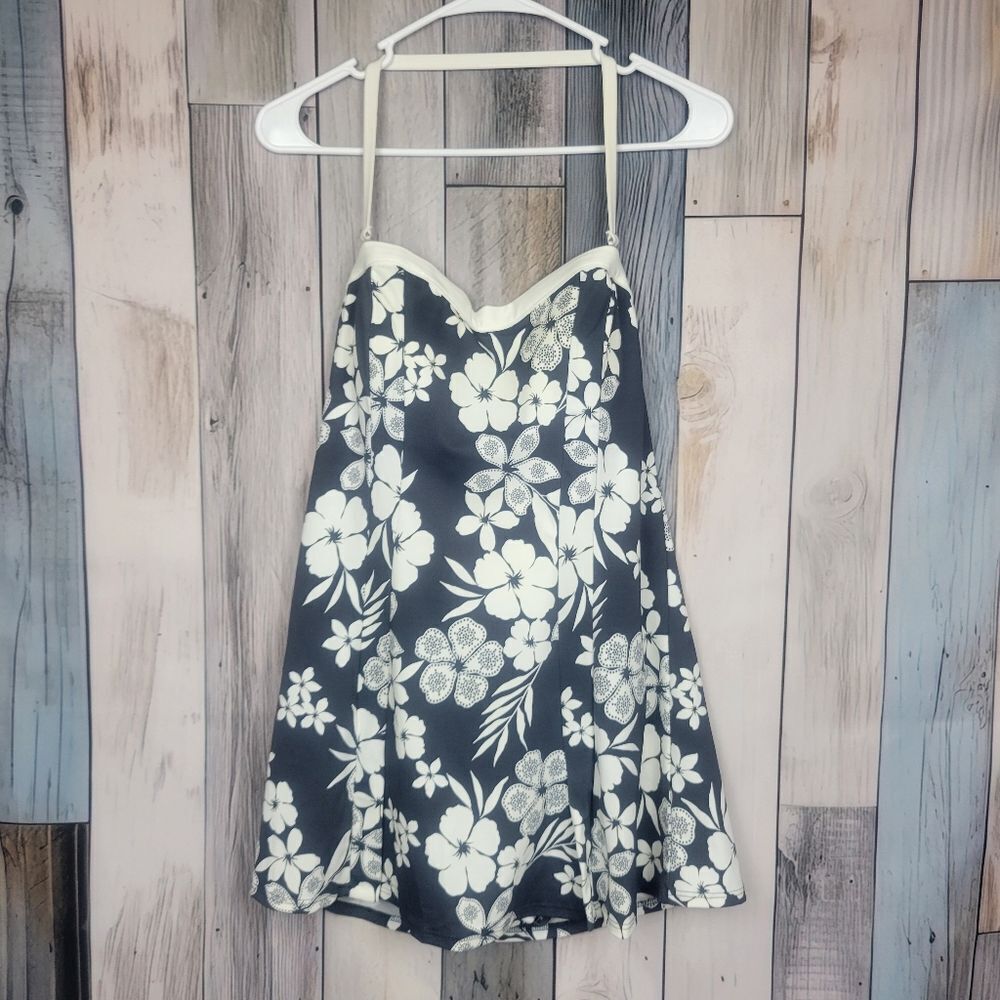 A&H Sportswear Gray White Floral Halter One Piece Swimsuit Dress Size 12